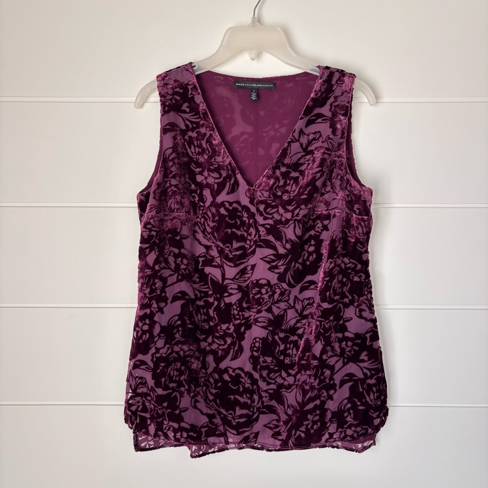 White House Black Market Plum Floral Velvet Burnout Sleeveless V-neck Top Size 4